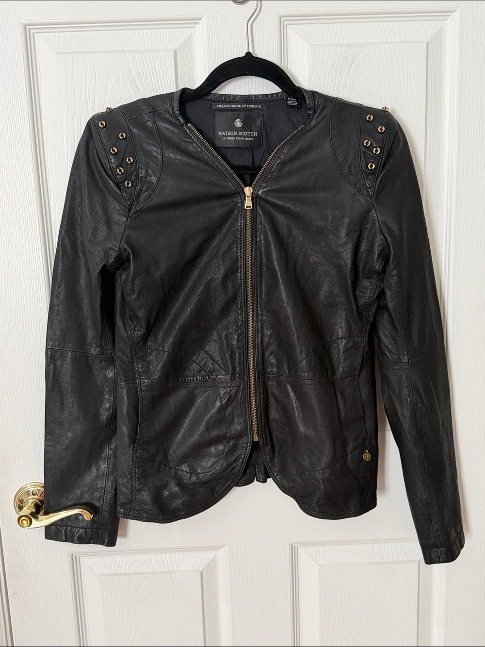 MAISON Scotch Black Leather Zip Jacket with Gold Studs
